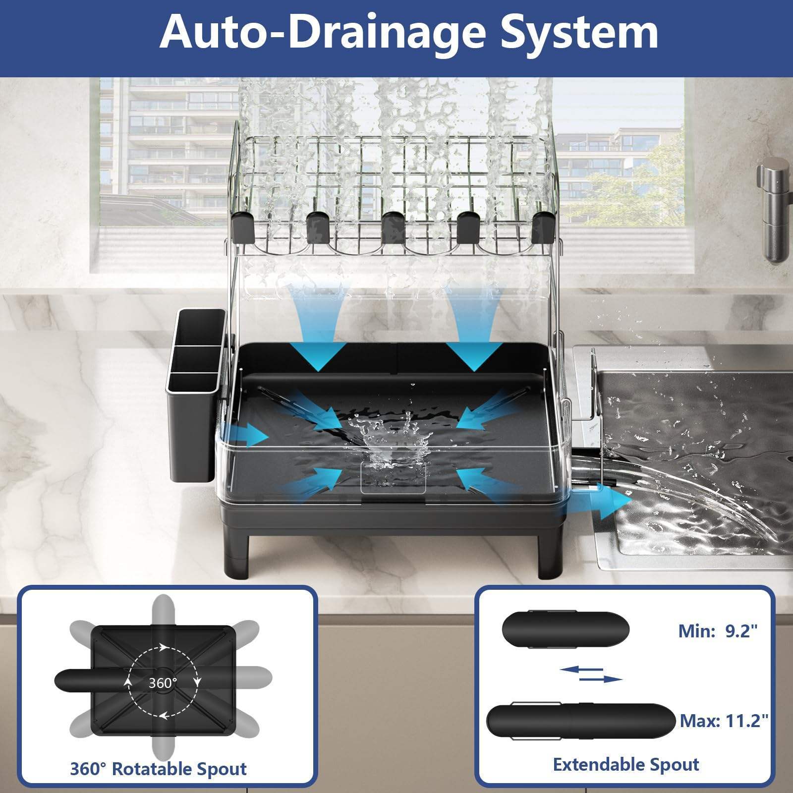 304 Stainless Steel 2 Tier Dish Drying Rack Auto-Drain Dish Drainers with 360 Rotating Spout