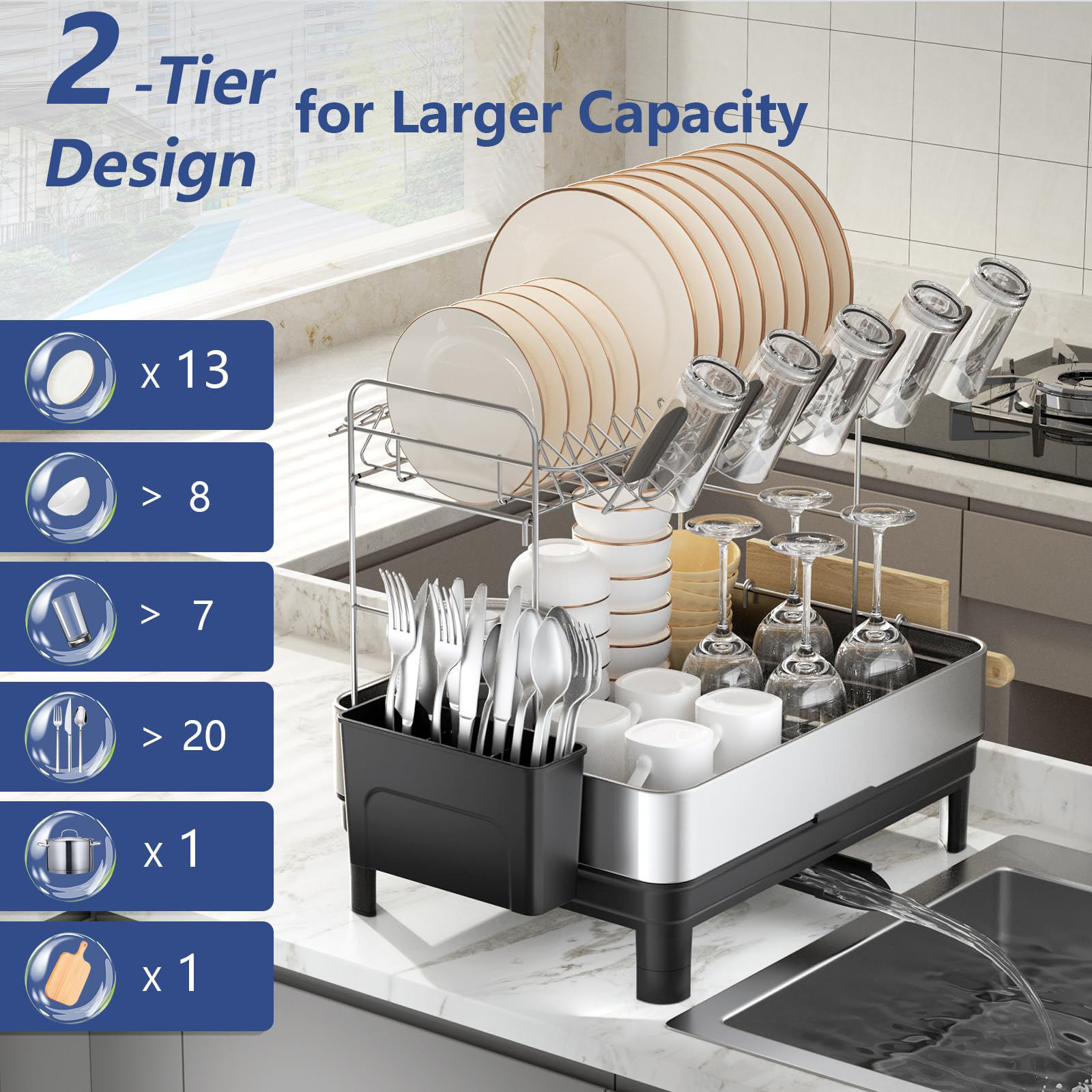 304 Stainless Steel 2 Tier Dish Drying Rack Auto-Drain Dish Drainers with 360 Rotating Spout