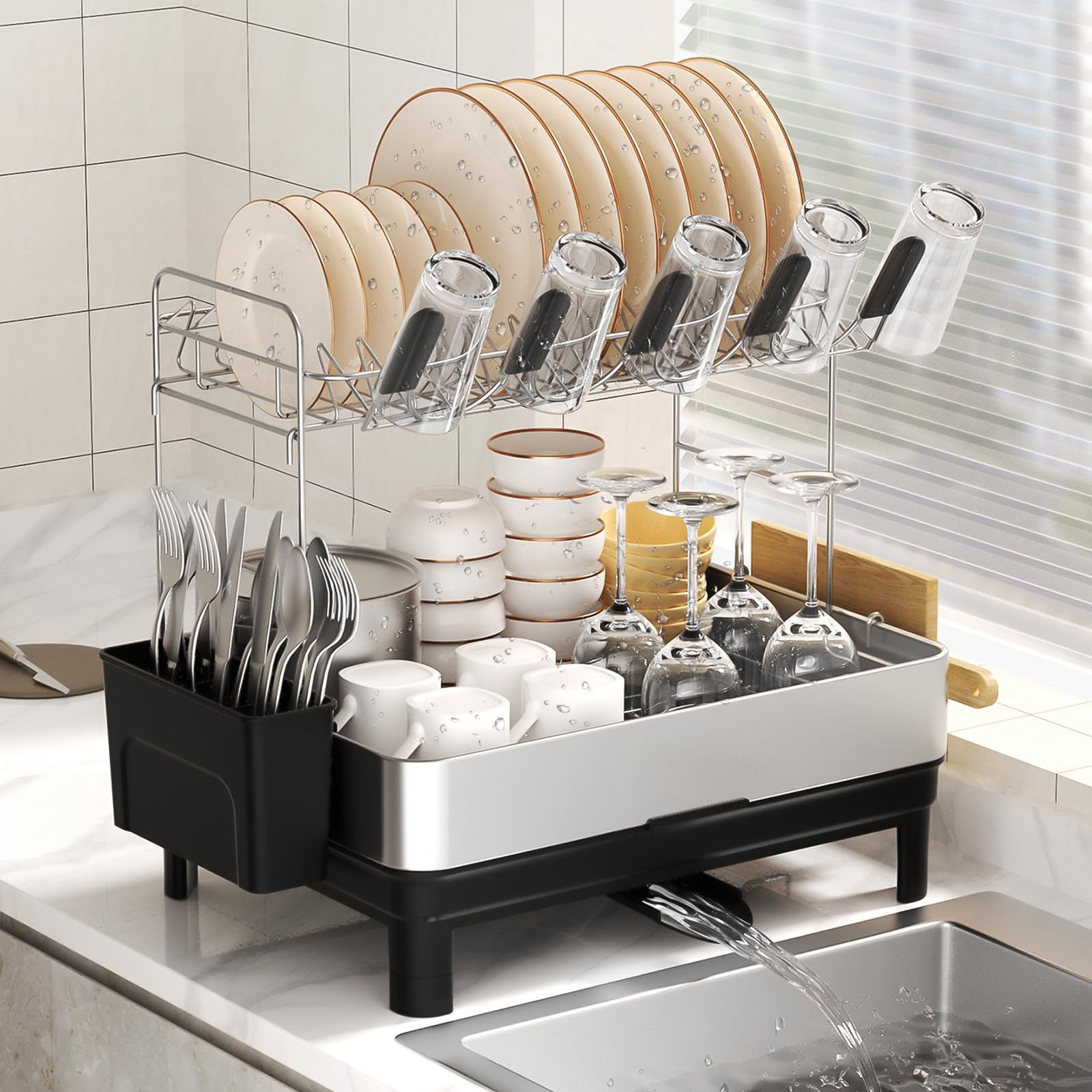 304 Stainless Steel 2 Tier Dish Drying Rack Auto-Drain Dish Drainers with 360 Rotating Spout