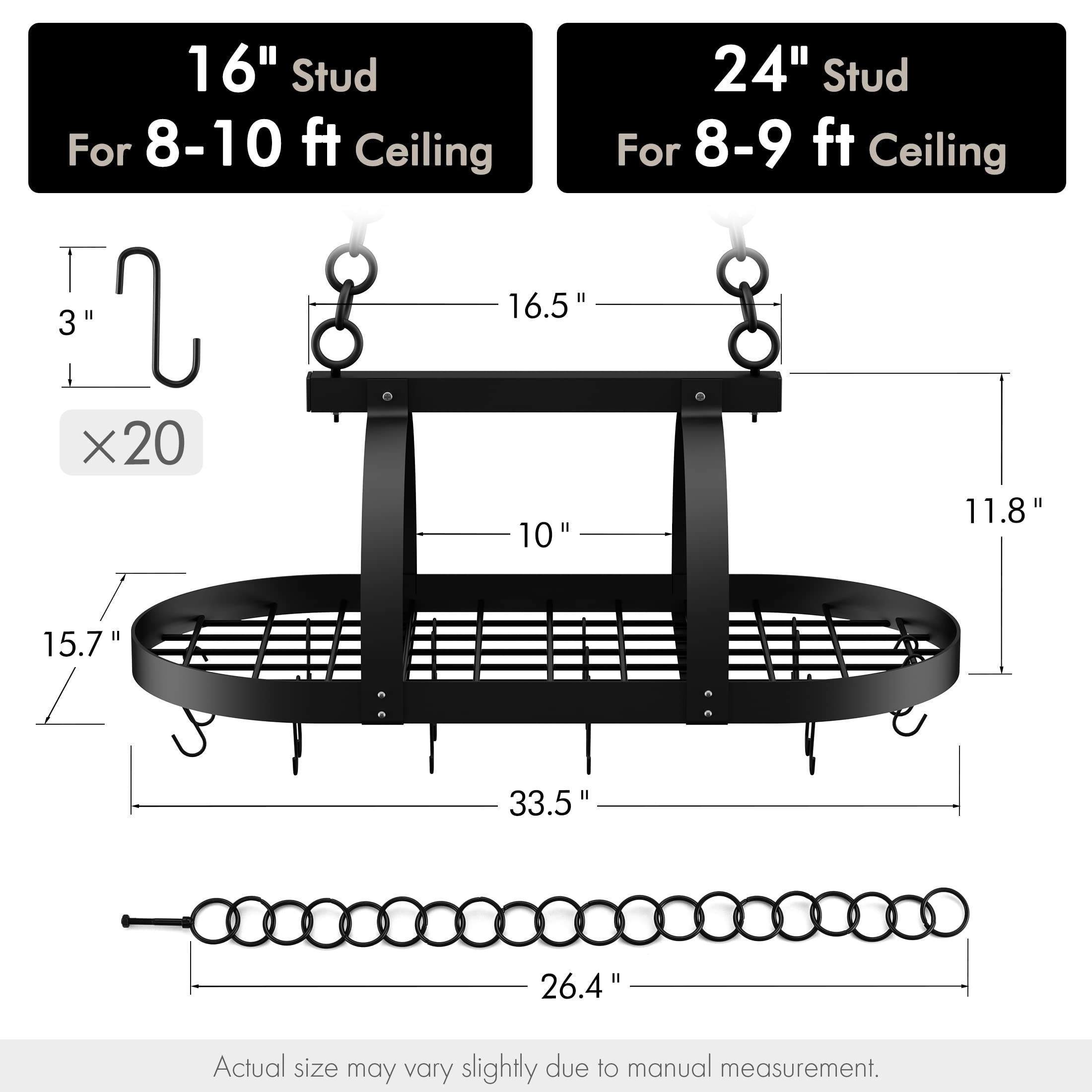 Custom Ceiling Pot Rack 34-Inch Hanging Pot Rack for Kitchen Matte Black Pot Hanger with 20 S Hooks