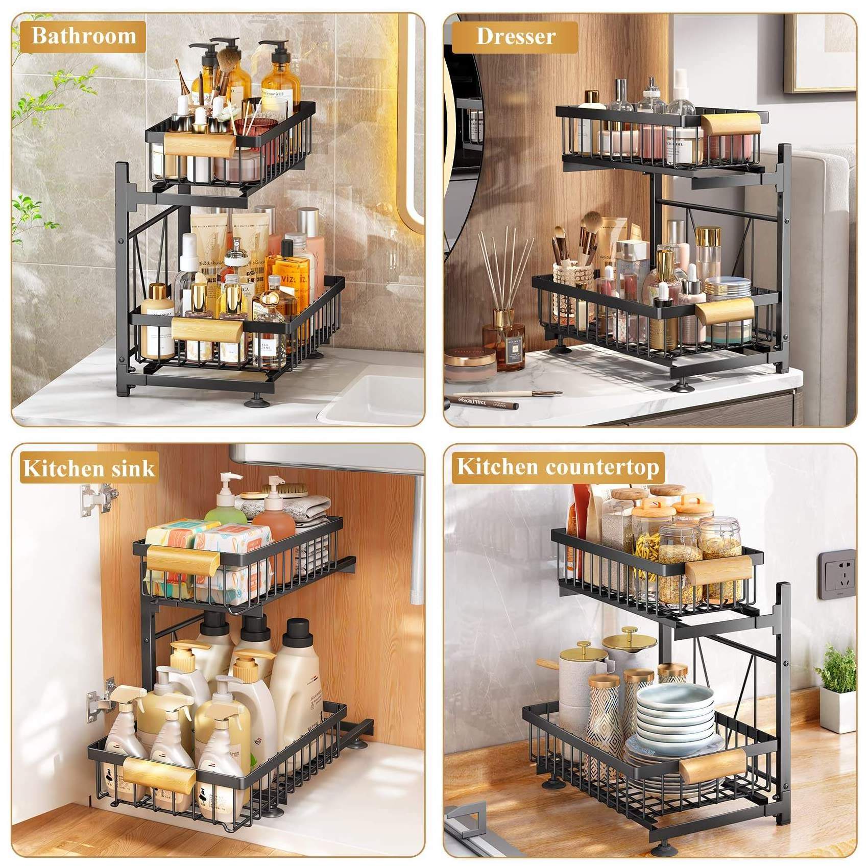 Under Sink Organizers for Bathroom Metal Pull Out Cabinet Organizer Adjustable 2 Tie Sliding Drawer Under Sink Storage Shelf