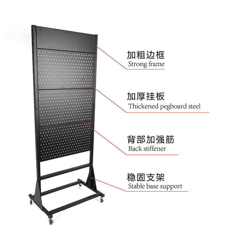 Metal Perforated Advertising Display Rack Floor Standing Pegboard Hanging Hooks Display Rack Black OEM Customized