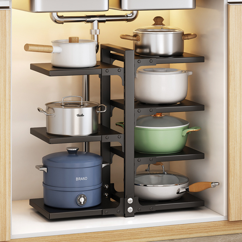 Pots and Pans Storage Rack Kitchen Shelving under Sink Cabinets Multi-layer Adjustable Pot Holder Countertop for Side Dish Rack