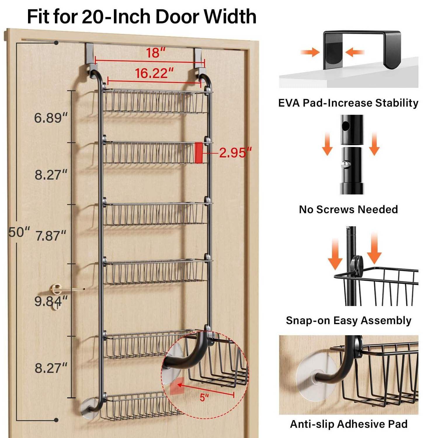 Heavy-Duty Metal Over the Door Pantry Organizer Rack 6-Tier Pantry Door Shelf for Easy Install