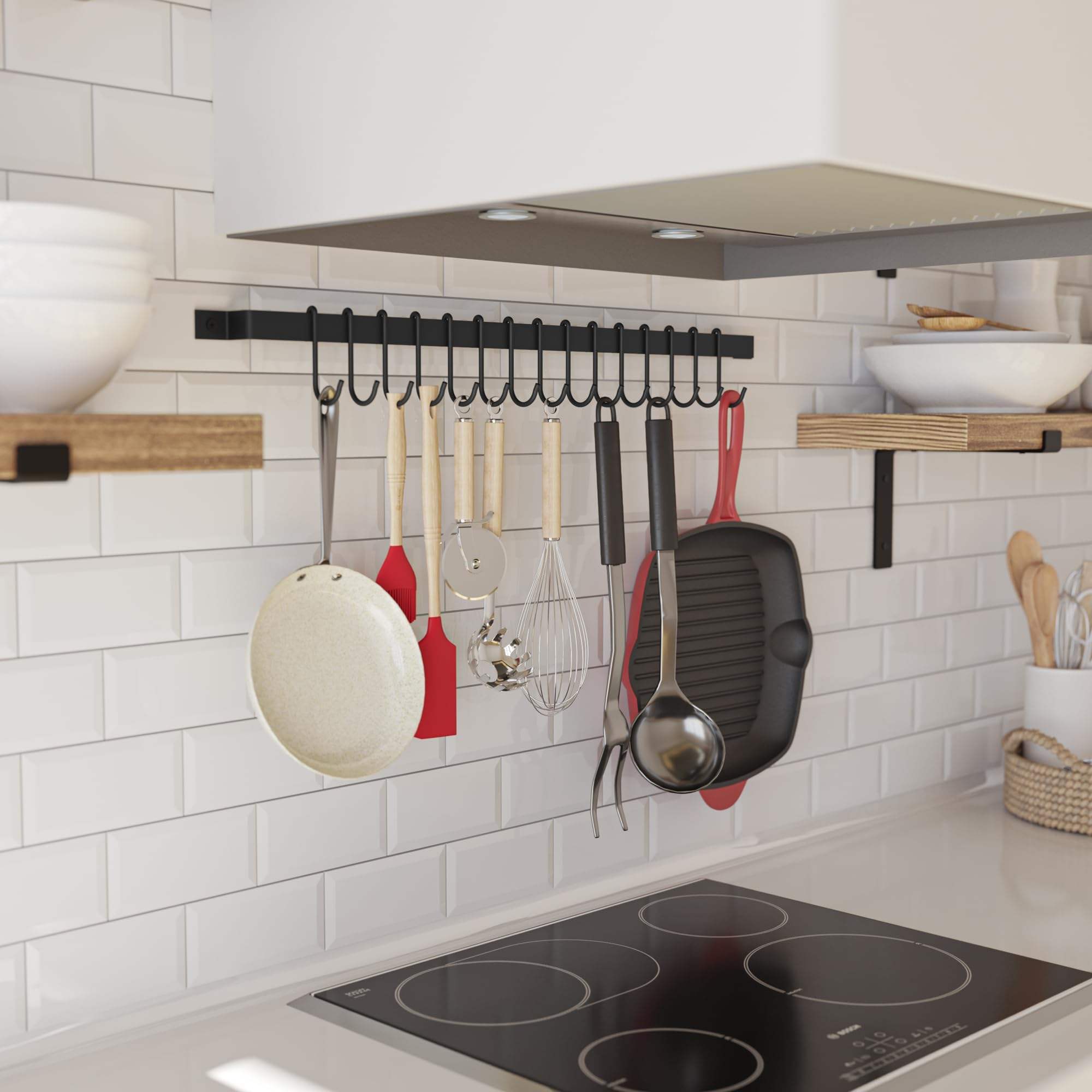 Custom Kitchen Rail Hanging Pot Rack with 15 S Hooks for Hanging Kitchen Utensils Set and Cookware