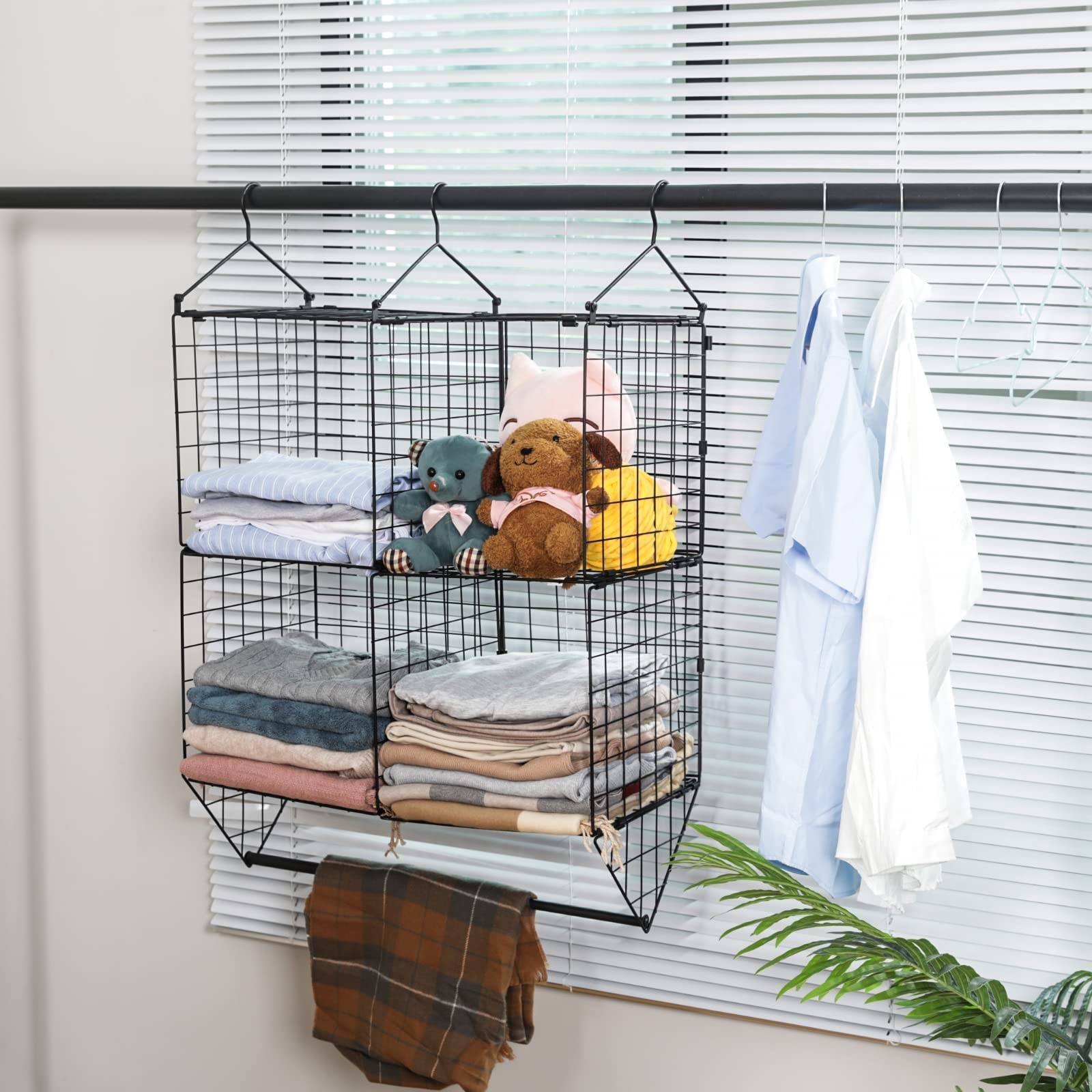 Hanging Closet Organizer 2 Tier Clothes Hanging Shelves Double-Layer Closet Storage with Metal Rod