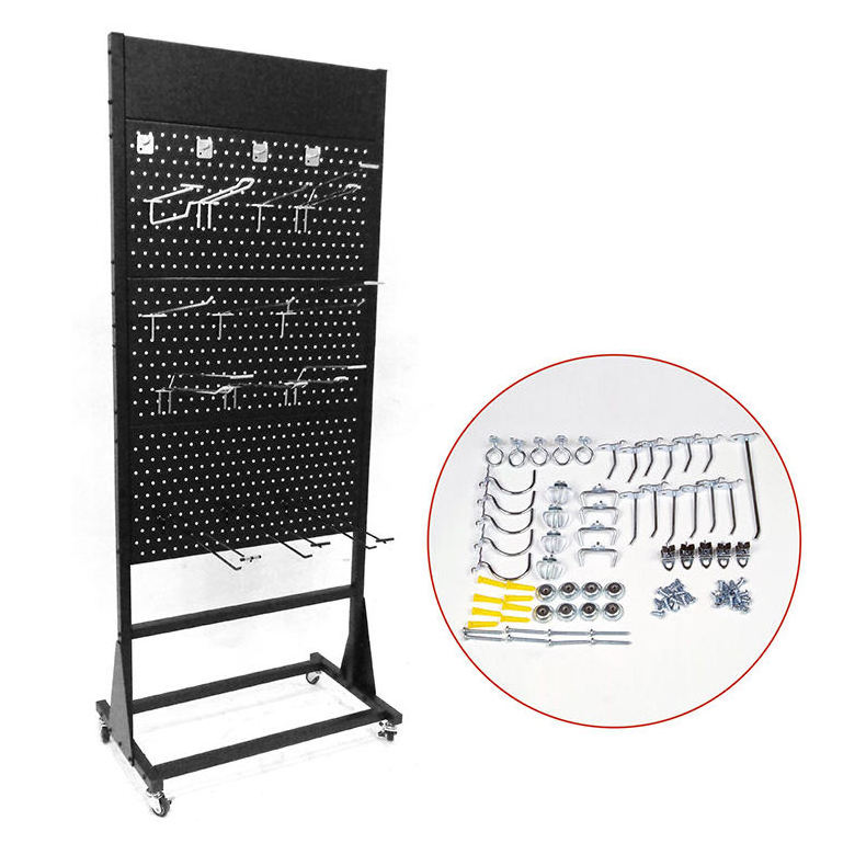 Metal Perforated Advertising Display Rack Floor Standing Pegboard Hanging Hooks Display Rack Black OEM Customized