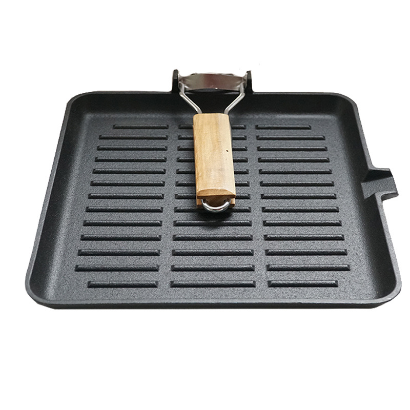 Pre-seasoned Cast Iron Grill Pan with Folding Wooden Handle Nonstick Cookware