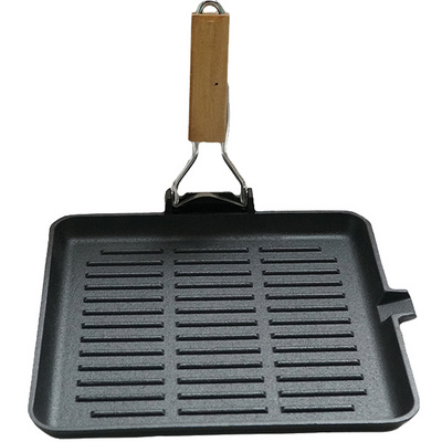 Pre-seasoned Cast Iron Grill Pan with Folding Wooden Handle Nonstick Cookware