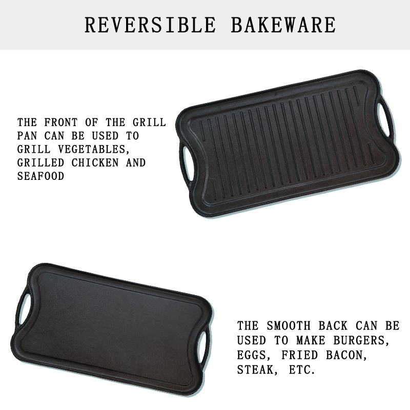 Cast Iron Cookware Outdoor Cooking Double Sided Rectangular Flat Fry Reversible Roasting BBQ Grill Griddle Pan