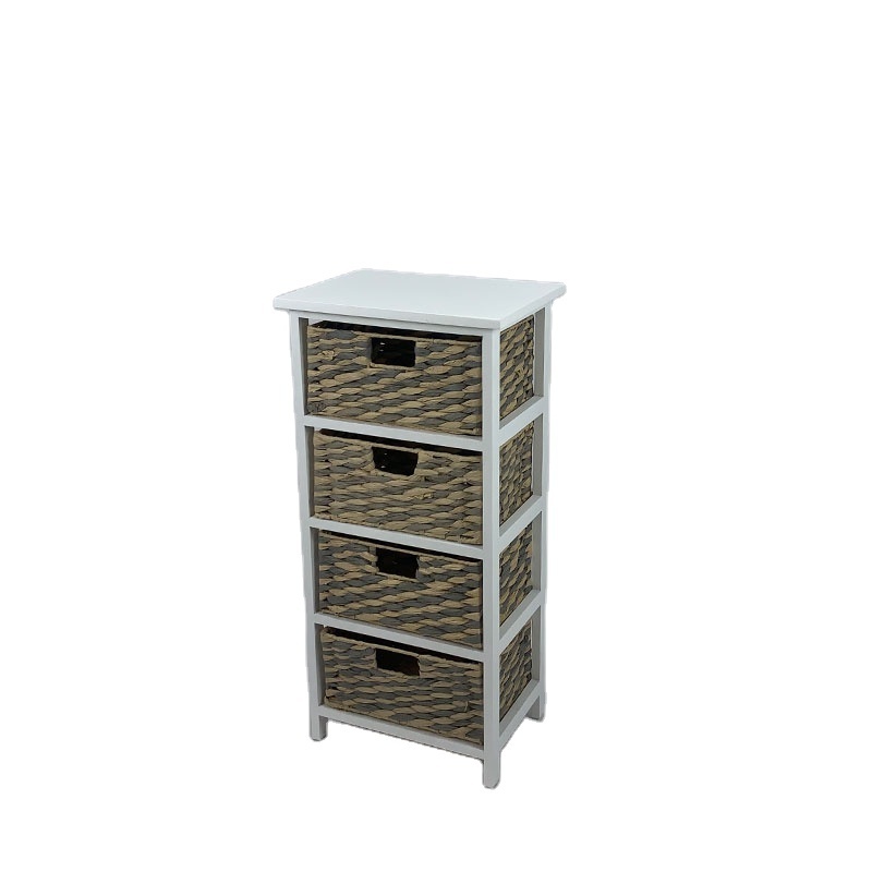 New hot selling white wood 4 drawer wood cabinet living room furniture rattan basket storage wood cabinet