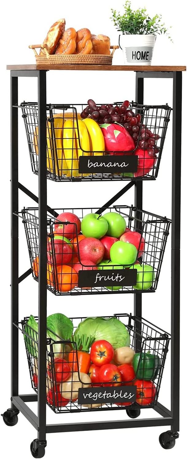 3 layer fruit line basket Vertical cart, removable and collapsible vegetable basket rack with wheels, storage basket with handle