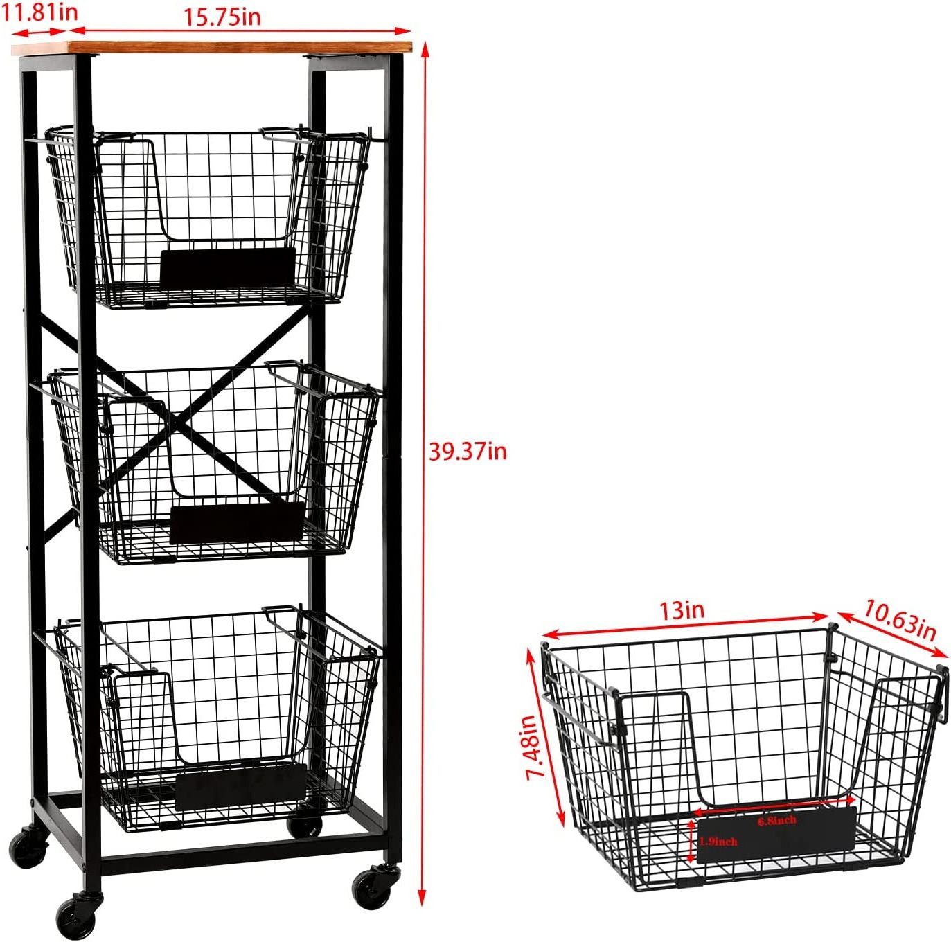 3 layer fruit line basket Vertical cart, removable and collapsible vegetable basket rack with wheels, storage basket with handle