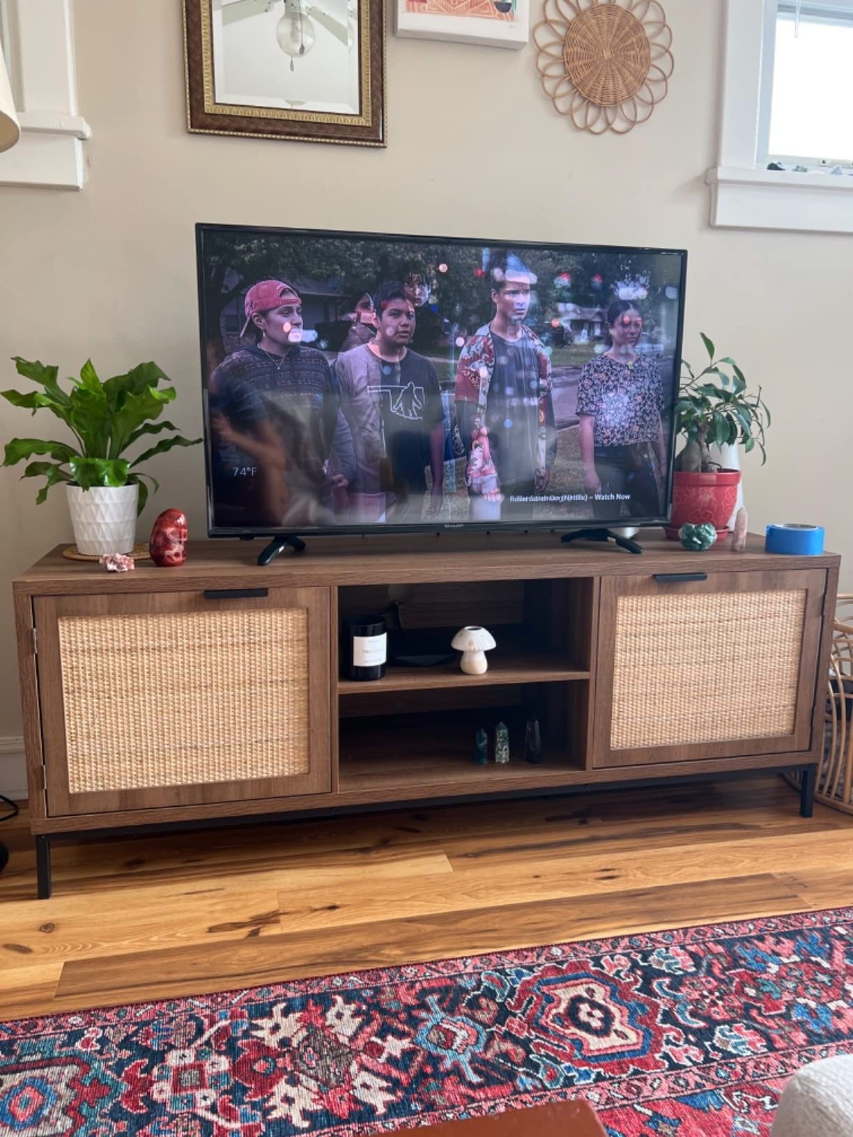 Wooden TV Stand for Living Room Bedroom, Rustic TV Console Table, Metal Frame with 2 Rattan Doors