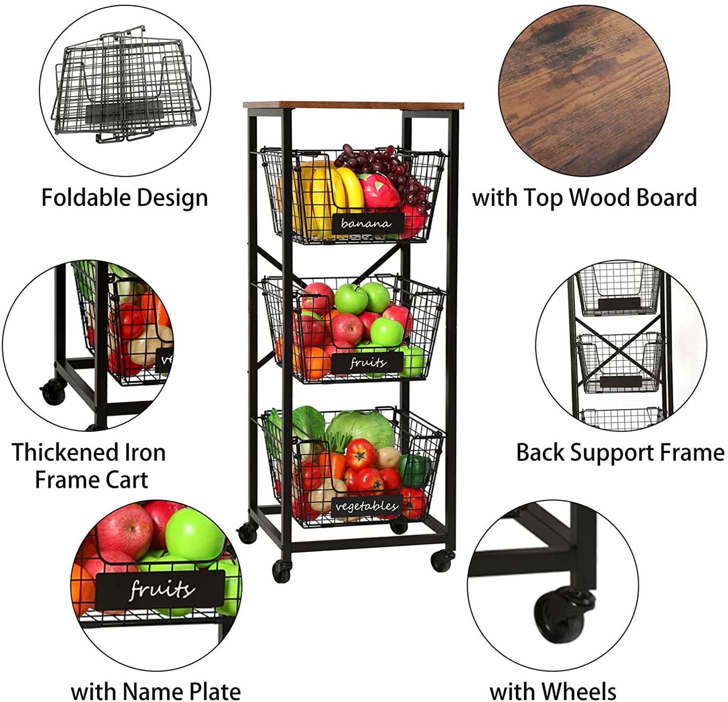 3 layer fruit line basket Vertical cart, removable and collapsible vegetable basket rack with wheels, storage basket with handle