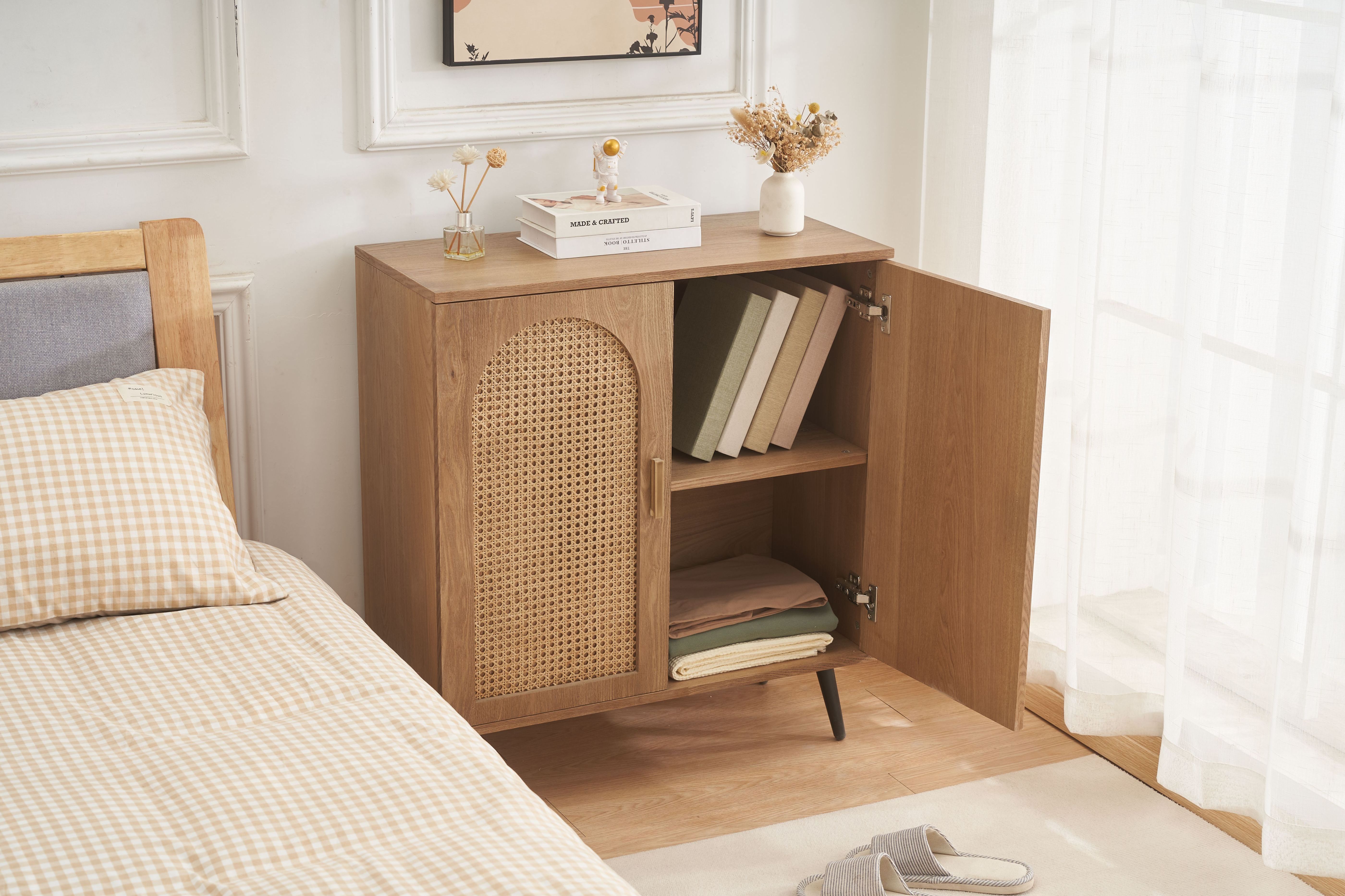 Kitchen solid wood tableware cabinet, living room, rattan woven lockers with adjustable shelves