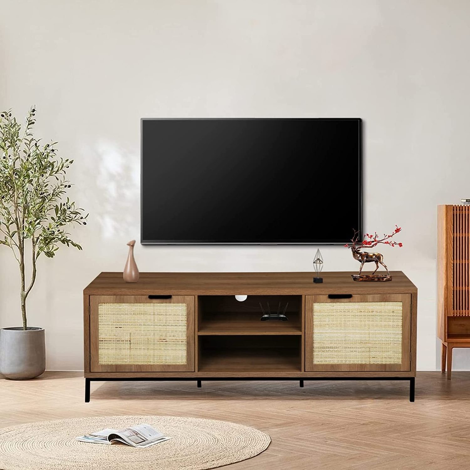 Wooden TV Stand for Living Room Bedroom, Rustic TV Console Table, Metal Frame with 2 Rattan Doors