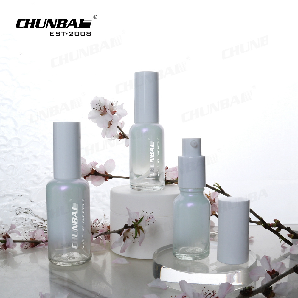 Cosmetic Perfume Serum Spray Essential Oil Pump Effect Toner Uv Rainbow Gradient Color Holographic Glass Bottles