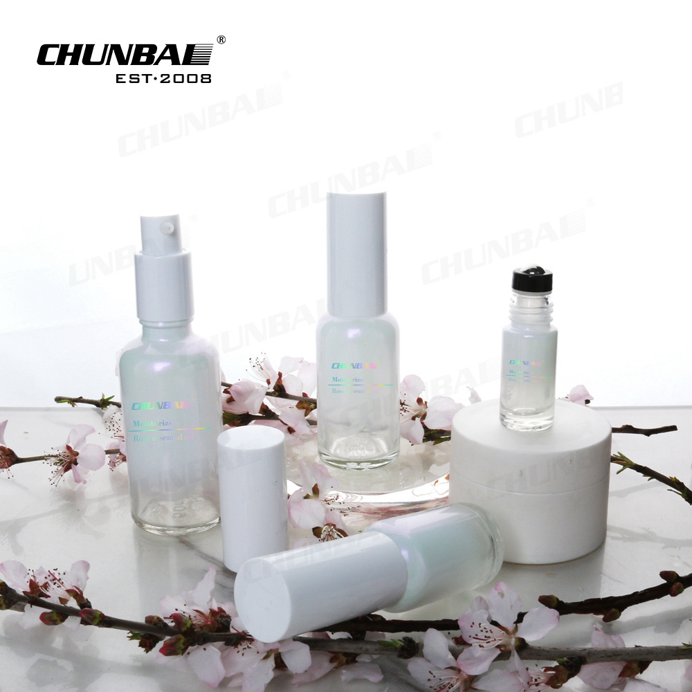 Cosmetic Perfume Serum Spray Essential Oil Pump Effect Toner Uv Rainbow Gradient Color Holographic Glass Bottles