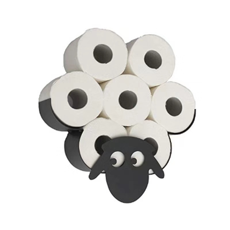 Modern Design Black Iron Toilet Paper Holder with Decorative Roll Towel and Storage Stand Featuring Funny Sheep Bathroom Decor