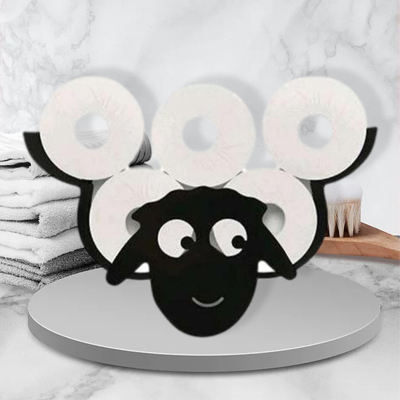 Modern Design Black Iron Toilet Paper Holder with Decorative Roll Towel and Storage Stand Featuring Funny Sheep Bathroom Decor