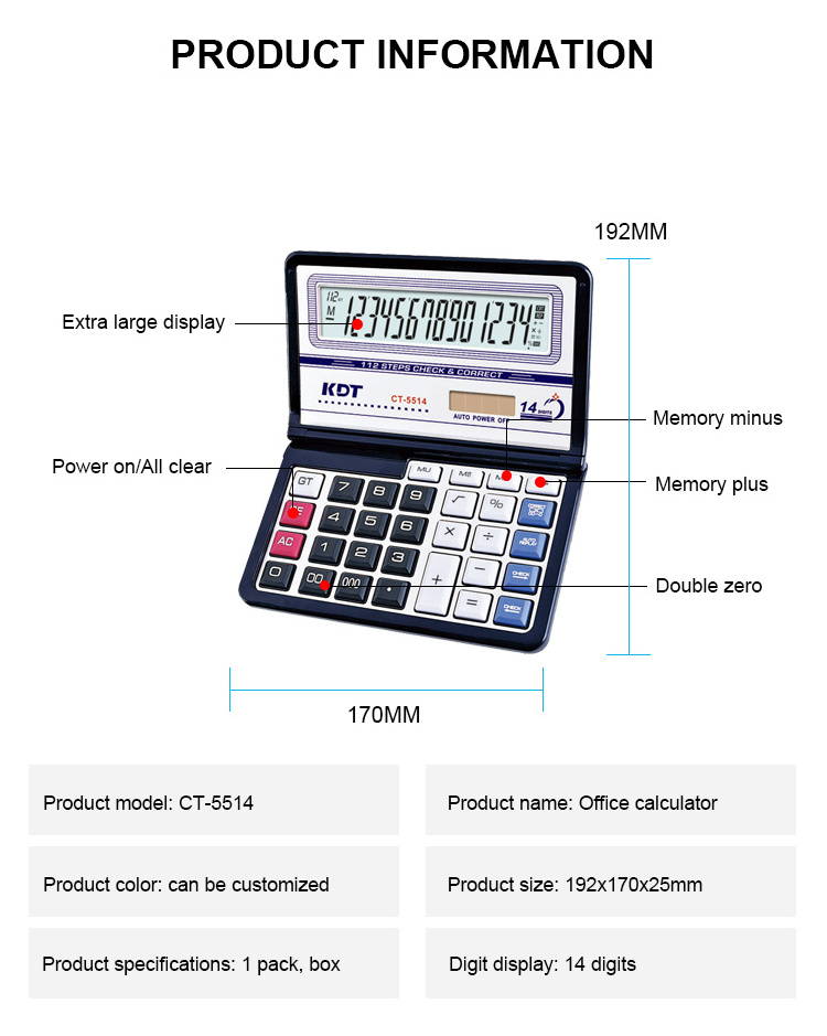 Ct-5514 Desk Office 14 Digits Calculator 112 Steps Custom Logo Dual Power Foldable Solar Chocolate Calculator