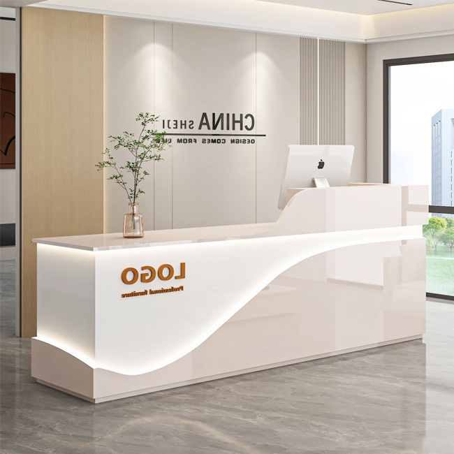 Modern Custom Office Building Furniture Counter Front Desk White L Shape Reception Desk For Sale With Led Lighting