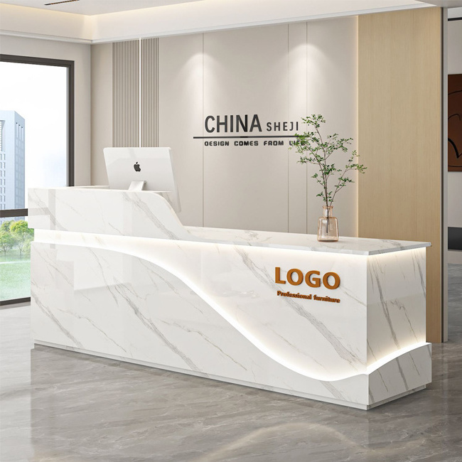 Modern Custom Office Building Furniture Counter Front Desk White L Shape Reception Desk For Sale With Led Lighting