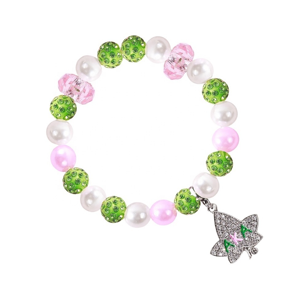 Pink and Green Rhinestones Beads Greek Letter Charm Elastic Sorority Charm Women Beads Bracelets