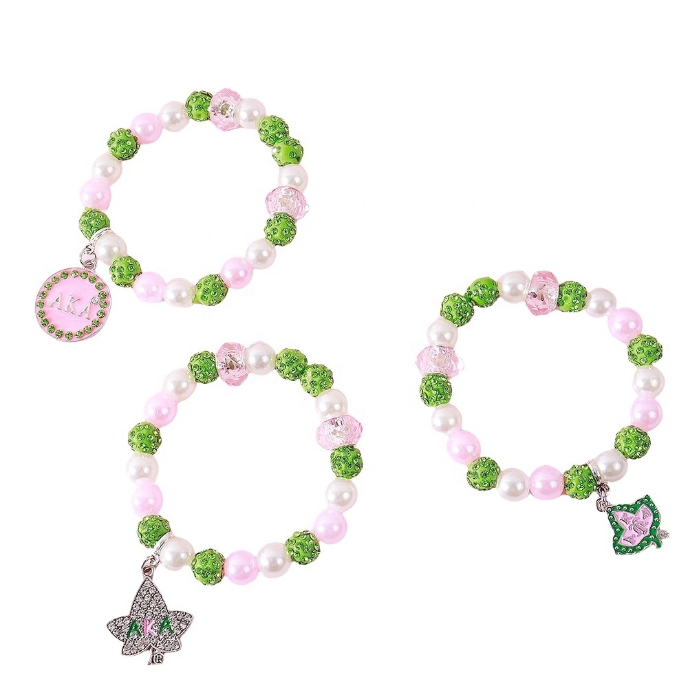 Pink and Green Rhinestones Beads Greek Letter Charm Elastic Sorority Charm Women Beads Bracelets