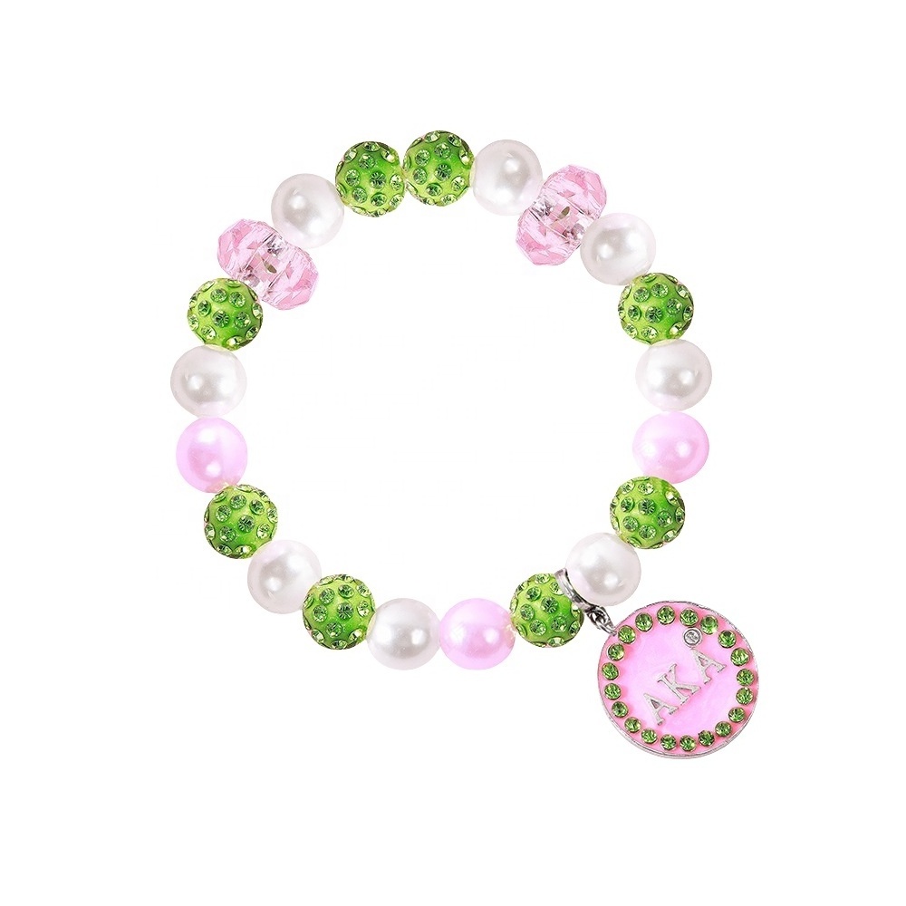 Pink and Green Rhinestones Beads Greek Letter Charm Elastic Sorority Charm Women Beads Bracelets