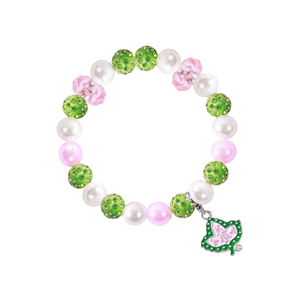 Pink and Green Rhinestones Beads Greek Letter Charm Elastic Sorority Charm Women Beads Bracelets