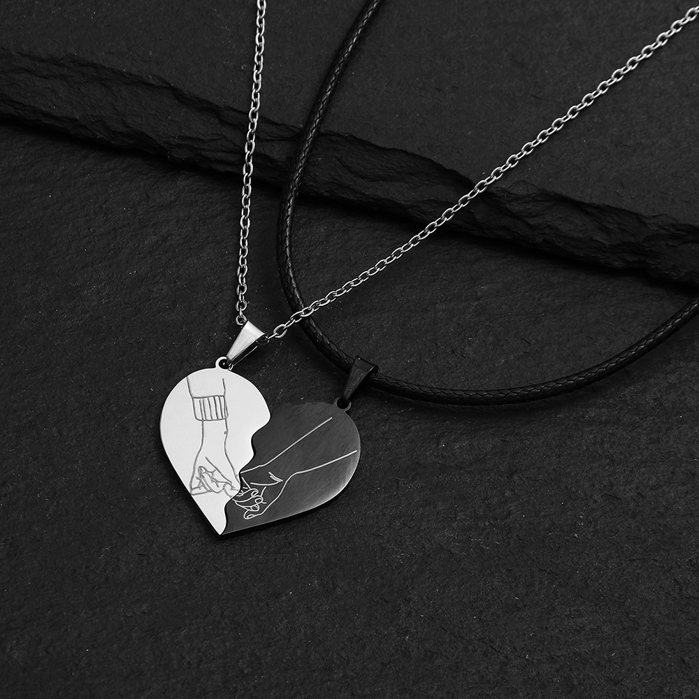 Fashion stainless steel couple necklace hand in hand fingerprint black and silver love heart necklace for boyfriend girlfriend