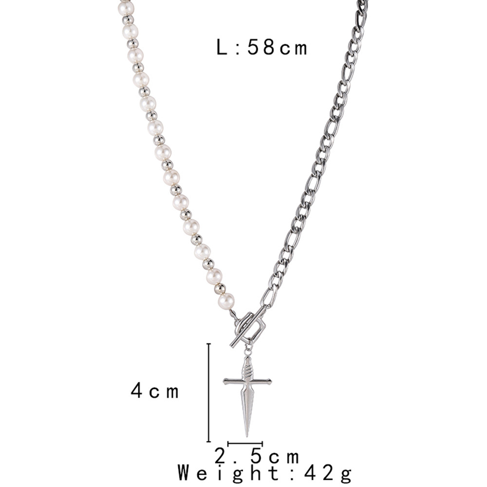 Hip Hop Men Necklace Jewelry Stainless Steel Cuban Chain Mix Pearl Bead Chain OT Clasp Necklace with Dagger Charms Pendant