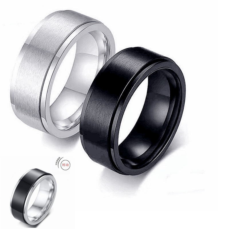 Simple High Quality Titanium Steel  Spinner Ring 8mm Silver Black  Rotating Hip Hop Men Fashion Jewelry Rings