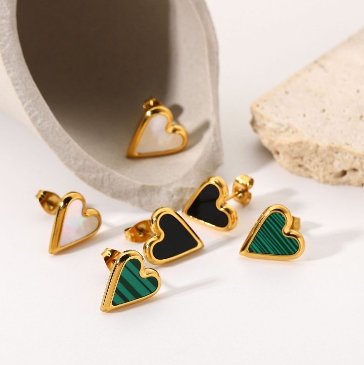 NEULRY Natural Stone White Shell Green Malachite ove Fashion Women Stainless Steel Heart Earrings