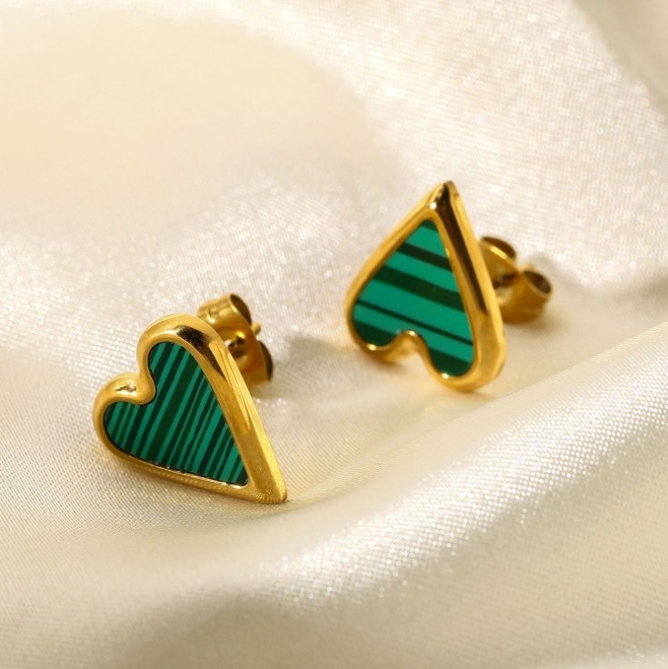 NEULRY Natural Stone White Shell Green Malachite ove Fashion Women Stainless Steel Heart Earrings