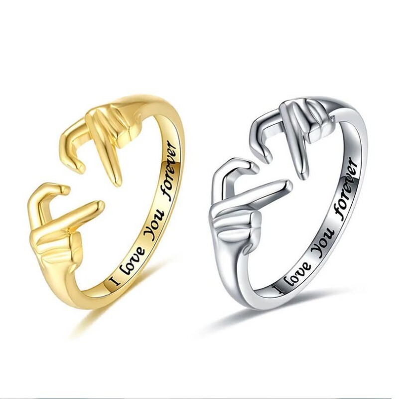 New Arrival Two Handed Hug Ring Copper Gold Silver Plated I Love U Forever Statement Open Finger Rings for Men Women Friend Gift