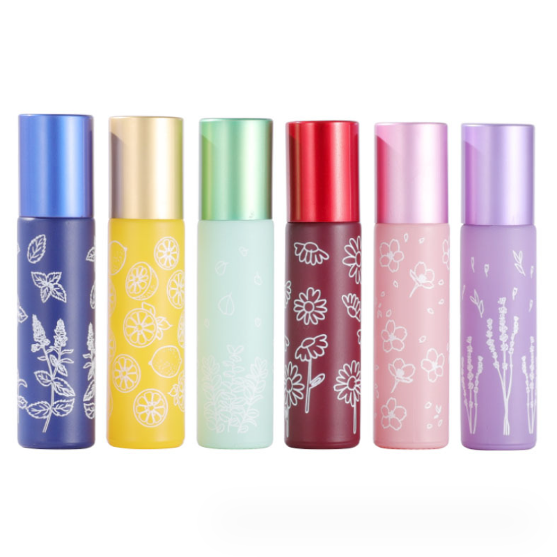 10ml Macaron Thick Glass Roll On Bottle Empty Roller Perfume Bottles flower printing Refillable Essential Oils Vials