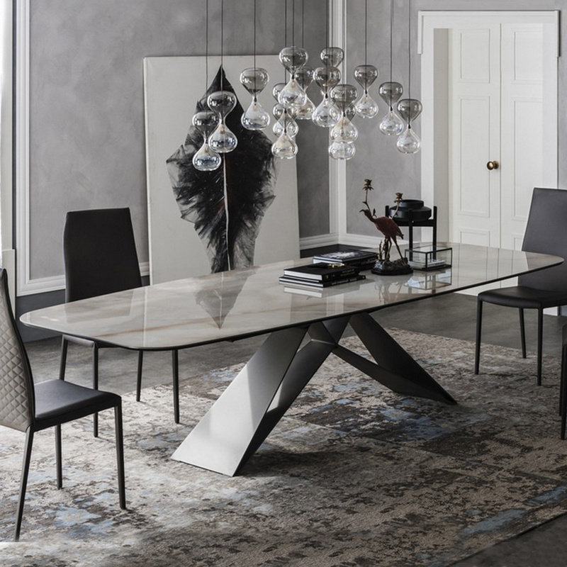 modern dining table stainless steel base with rock slab top dining table with marble surface wholesale dining table