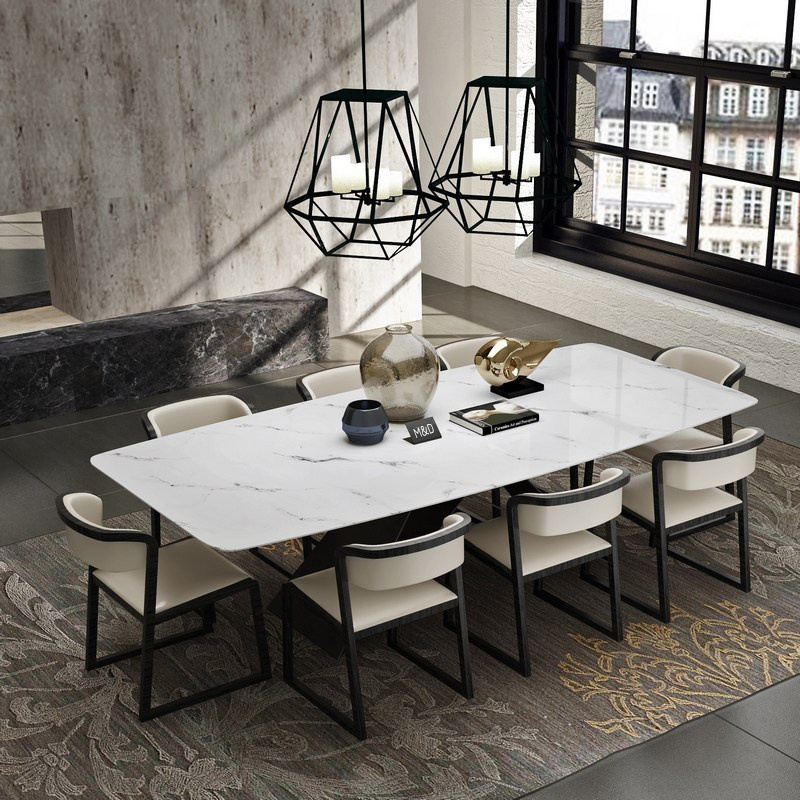 modern dining table stainless steel base with rock slab top dining table with marble surface wholesale dining table