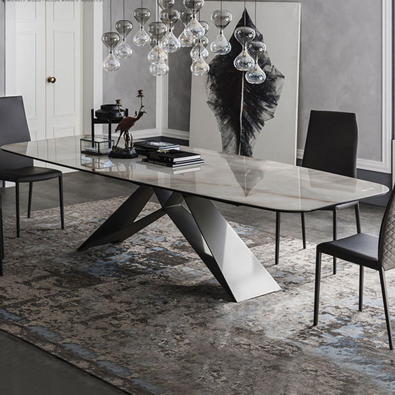 modern dining table stainless steel base with rock slab top dining table with marble surface wholesale dining table