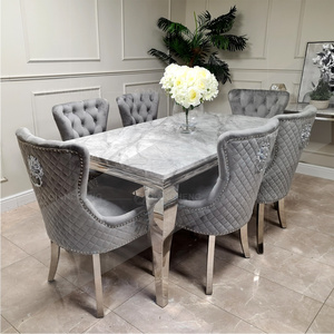 wholesale luxury dinning table set with grey solid marble top and 6 Grey Knocker chairs stainless steel chrome dining table