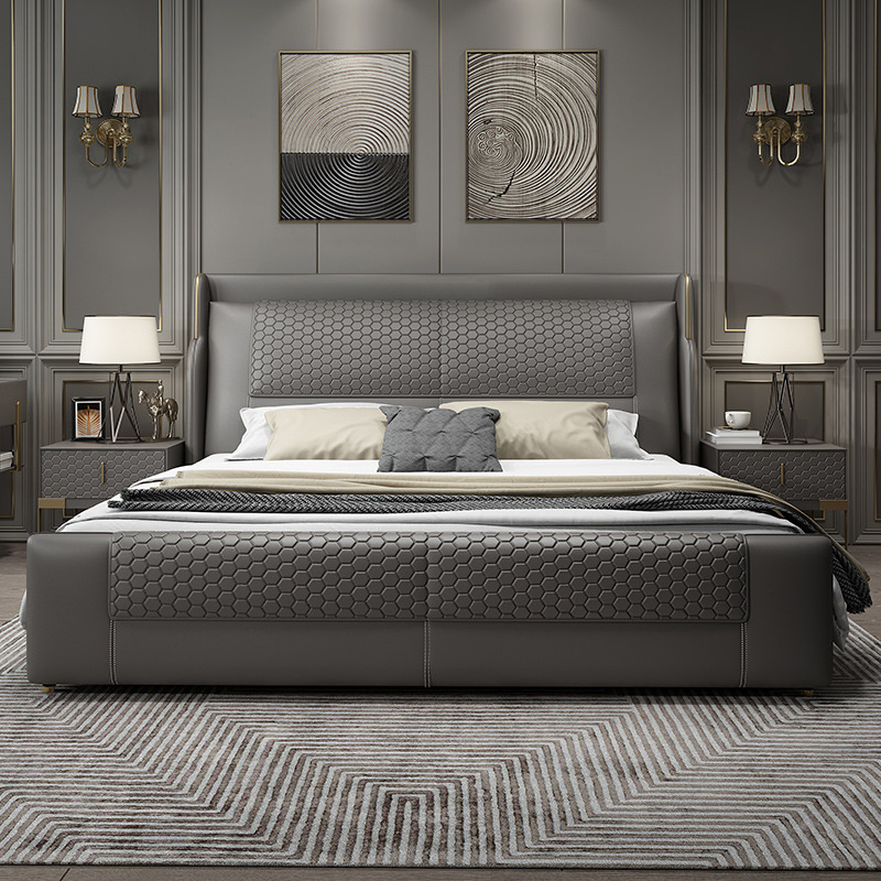 Luxury Italian Modern Design Leather Grey White Headboard King Size Queen Size Double Bed Frame Beds