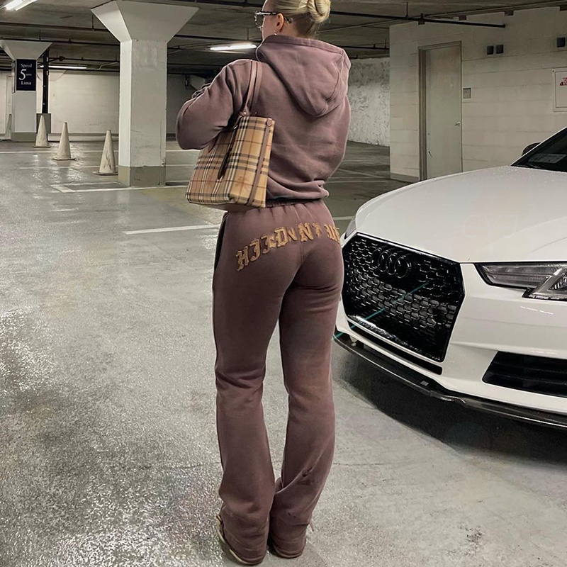 Custom Drop Shoulder Sweat Suit Women Cropped Zip Up Hoodie Jogger Pants Two Pieces Set Vintage Acid Washed Sweatsuit Set