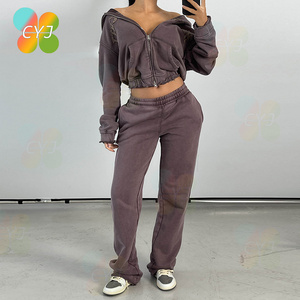 Custom Drop Shoulder Sweat Suit Women Cropped Zip Up Hoodie Jogger Pants Two Pieces Set Vintage Acid Washed Sweatsuit Set