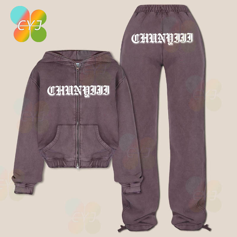 Custom Drop Shoulder Sweat Suit Women Cropped Zip Up Hoodie Jogger Pants Two Pieces Set Vintage Acid Washed Sweatsuit Set