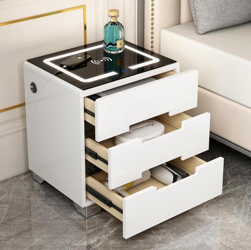 Hot Design White 3 Drawers Smart Bedside Table Bed Nightstand With Wireless Usb Charging