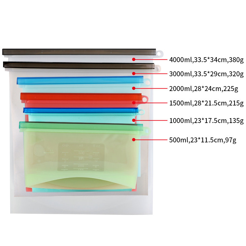 Food Storage Bag Silicone Sandwich Bag 500ml/1000ml/1500ml/2000ml/3000ml/4000ml Preservation Reusable Silicone Kitchen Foldable