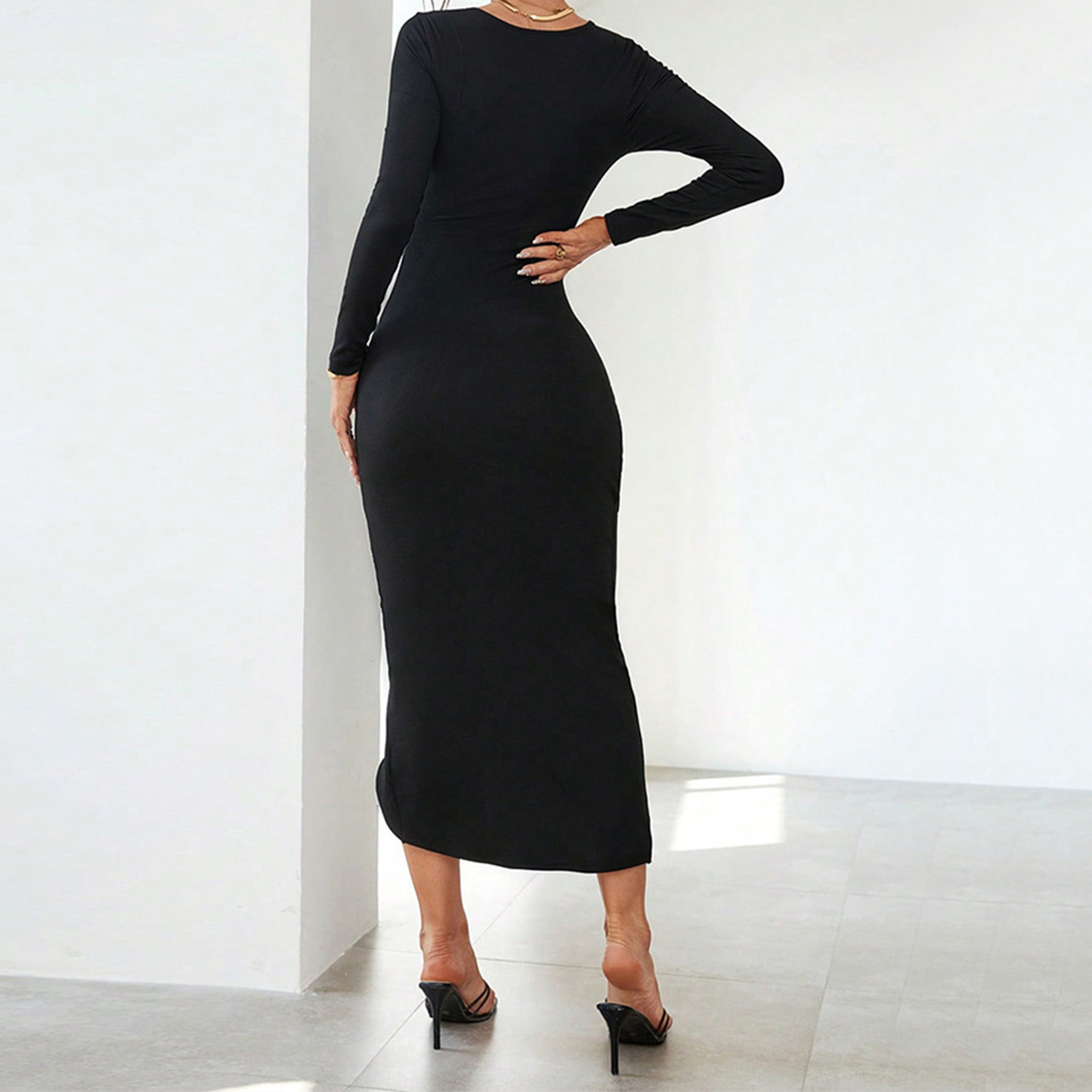 Fashion long sleeve slit ruched black vestido elegante prom midi bodycon dresses women with best price